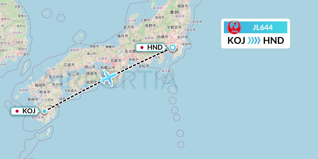 JL644 Japan Airlines Flight Map: Kagoshima to Tokyo