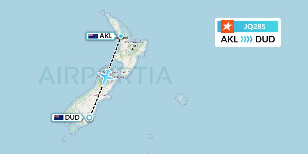 JQ285 Jetstar Airways Flight Map: Auckland to Dunedin