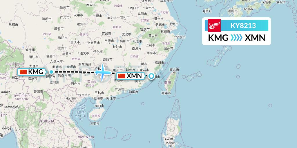 KY8213 Kunming Airlines Flight Map: Kunming to Xiamen