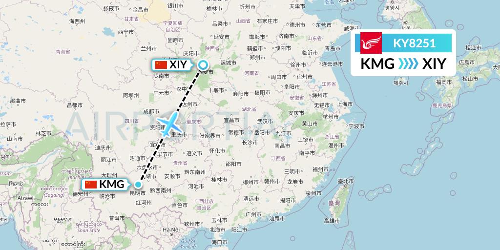 KY8251 Kunming Airlines Flight Map: Kunming to Xi'an