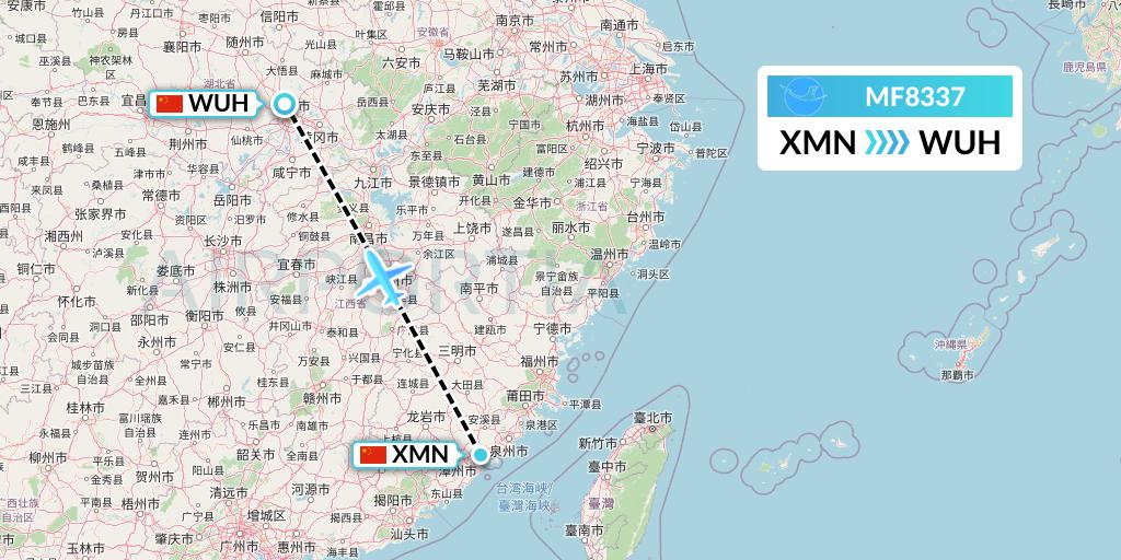 MF8337 Xiamen Airlines Flight Map: Xiamen to Wuhan