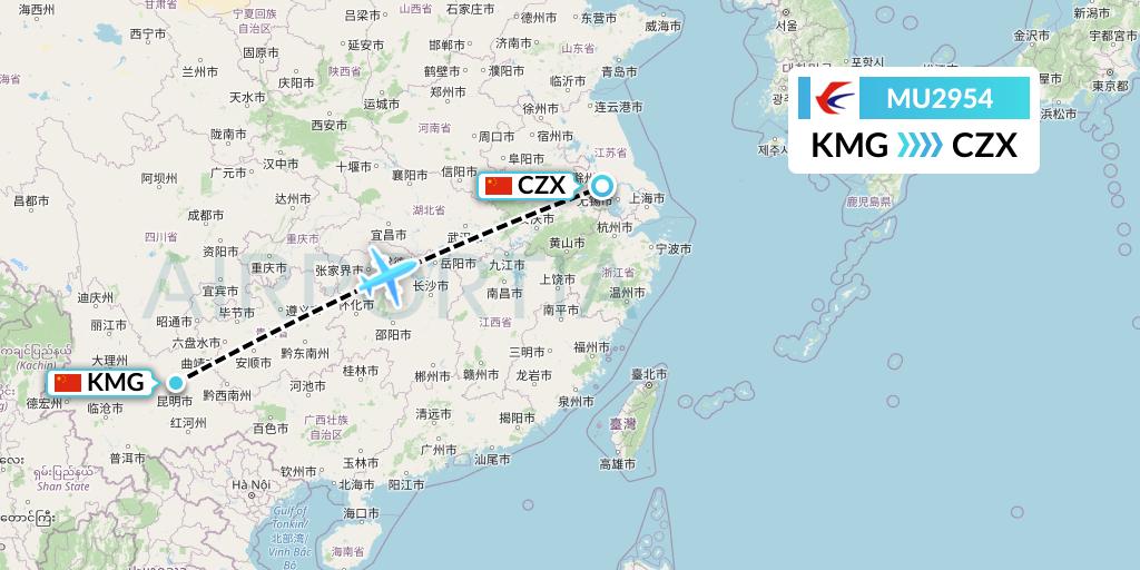 MU2954 China Eastern Airlines Flight Map: Kunming to Changzhou