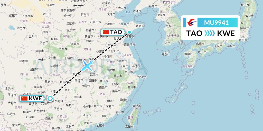 MU9941 China Eastern Airlines Flight Map: Qingdao to Guiyang