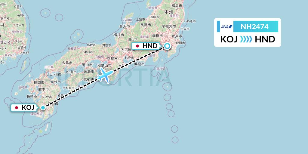 NH2474 All Nippon Airways Flight Map: Kagoshima to Tokyo
