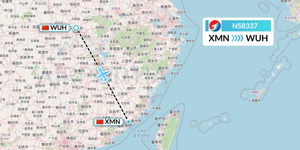 NS8337 Hebei Airlines Flight Map: Xiamen to Wuhan