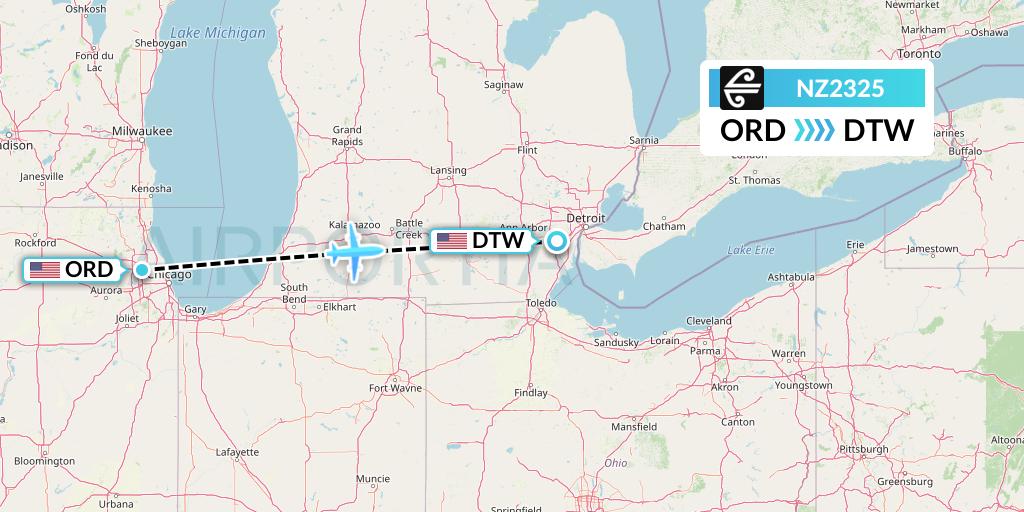 NZ2325 Air New Zealand Flight Map: Chicago to Detroit