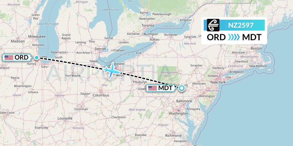 NZ2597 Air New Zealand Flight Map: Chicago to Harrisburg