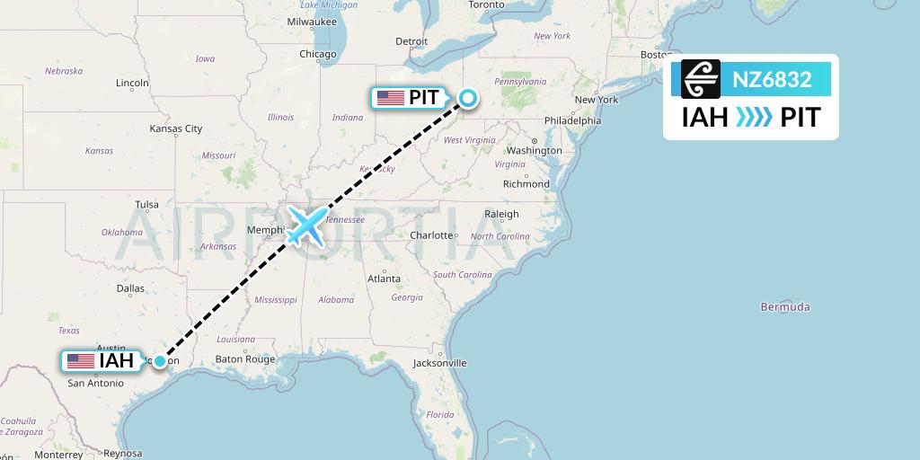 NZ6832 Air New Zealand Flight Map: Houston to Pittsburgh