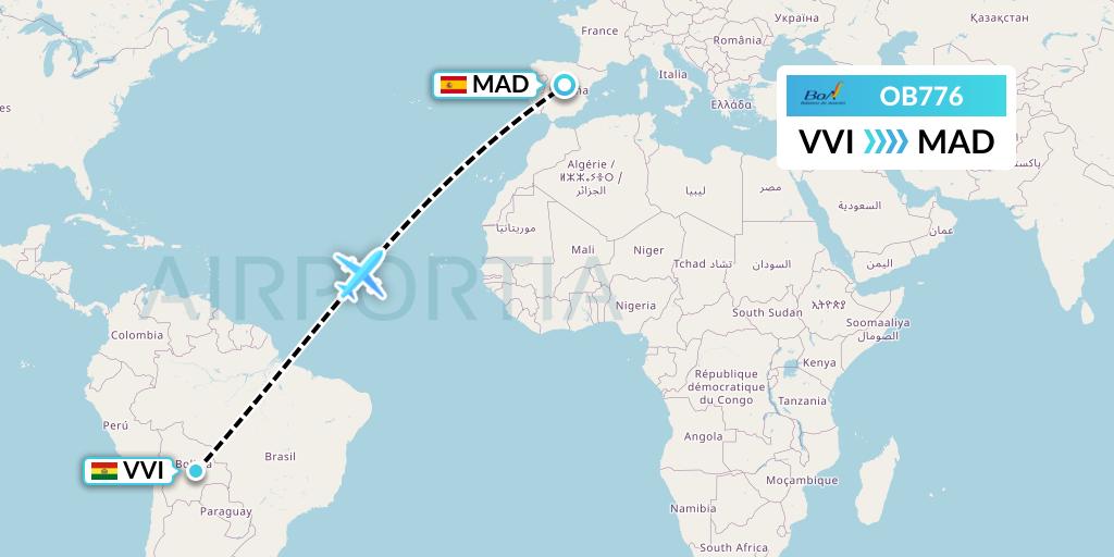 OB776 Boliviana de Aviacion Flight Map: Santa Cruz to Madrid