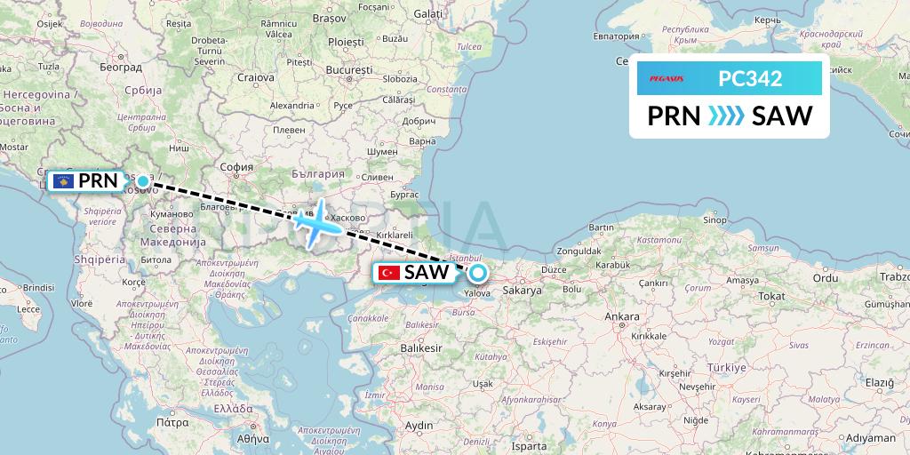 PC342 Pegasus Airlines Flight Map: Pristina to Istanbul