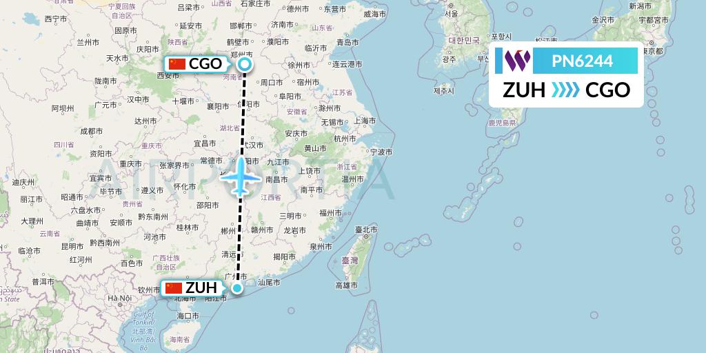 PN6244 China West Air Flight Map: Zhuhai to Zhengzhou