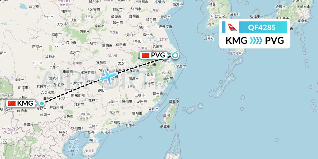 QF4285 Qantas Flight Map: Kunming to Shanghai