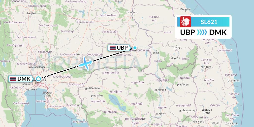 SL621 Thai Lion Air Flight Map: Ubon Ratchathani to Bangkok