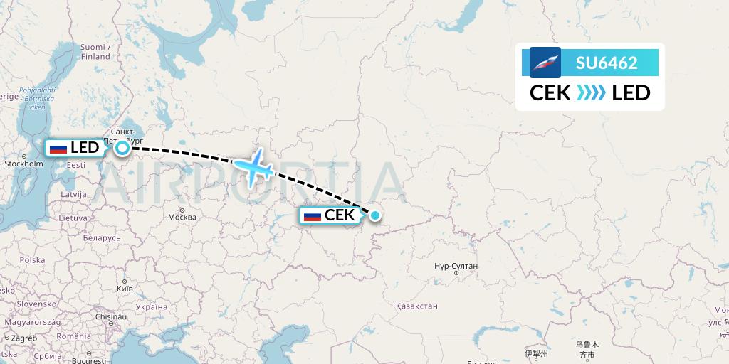 SU6462 Aeroflot Flight Map: Chelyabinsk to St. Petersburg