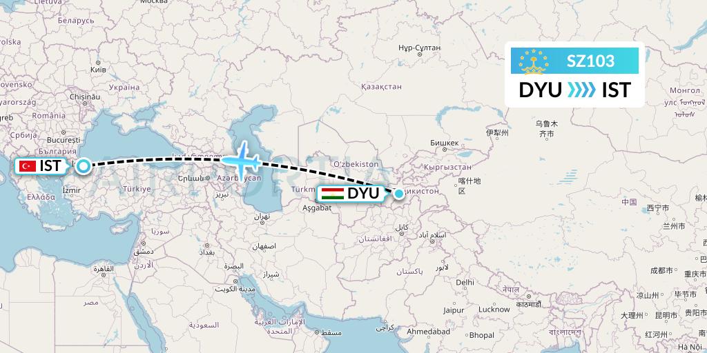 SZ103 Somon Air Flight Map: Dushanbe to Istanbul