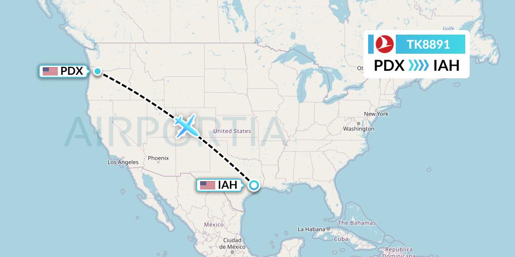 TK8891 Turkish Airlines Flight Map: Portland to Houston