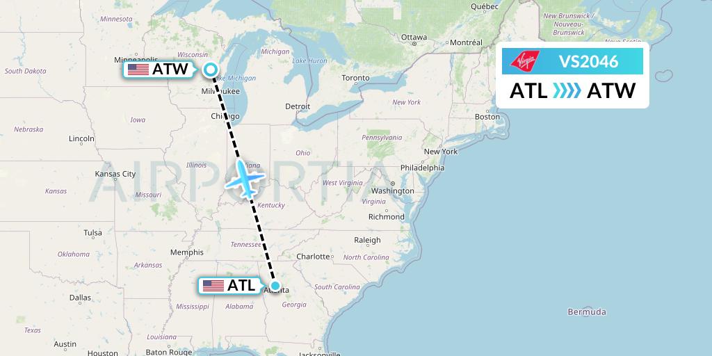 VS2046 Virgin Atlantic Airways Flight Map: Atlanta to Appleton