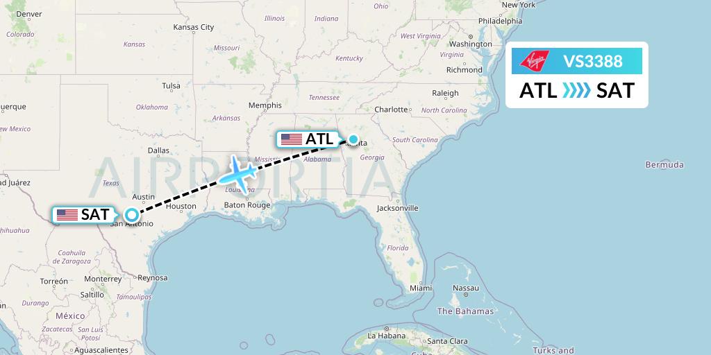 VS3388 Virgin Atlantic Airways Flight Map: Atlanta to San Antonio