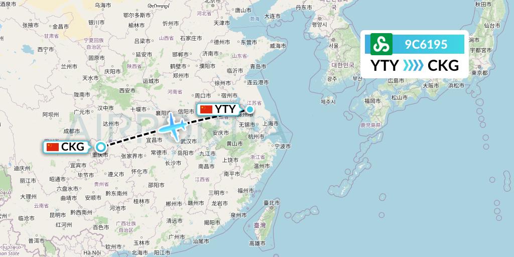 9C6195 Spring Airlines Flight Map: Yangzhou to Chongqing
