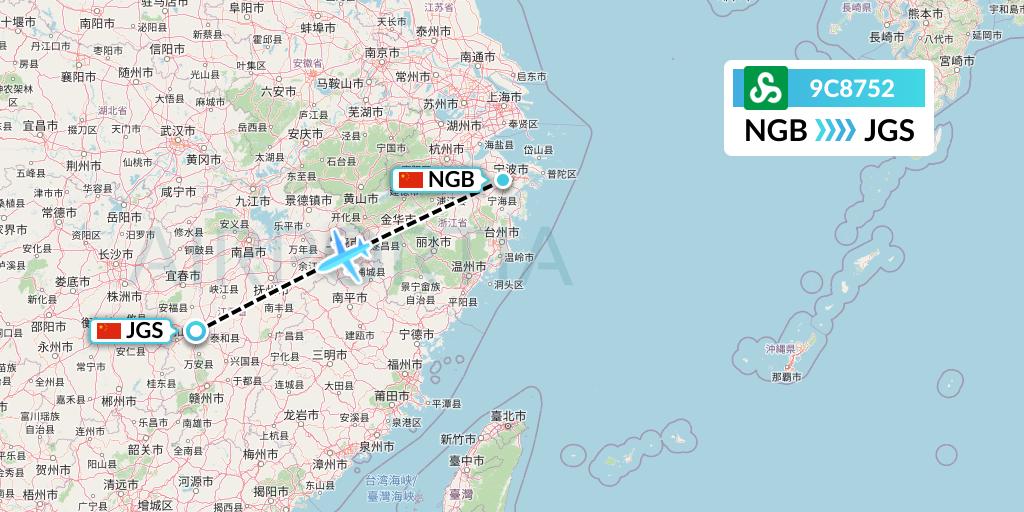 9C8752 Spring Airlines Flight Map: Ningbo to Ji'an