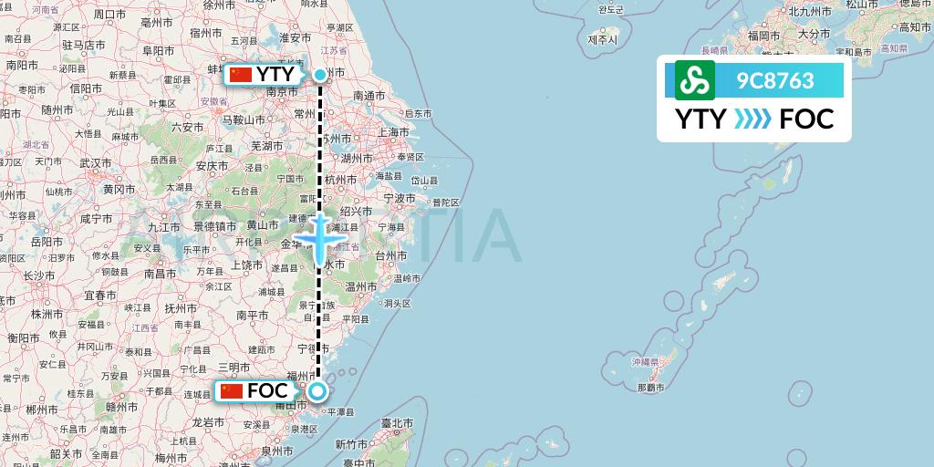 9C8763 Spring Airlines Flight Map: Yangzhou to Fuzhou