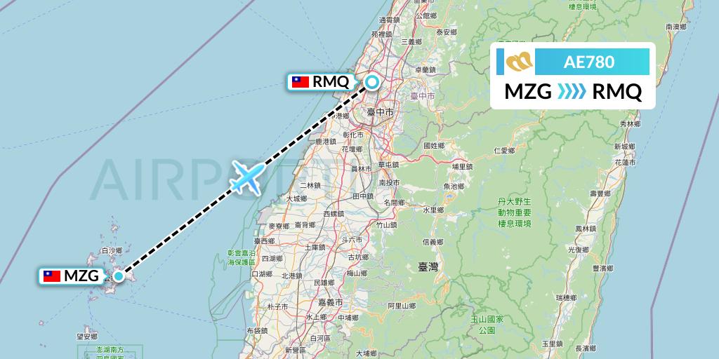 AE780 Mandarin Airlines Flight Map: Makung to Taichung