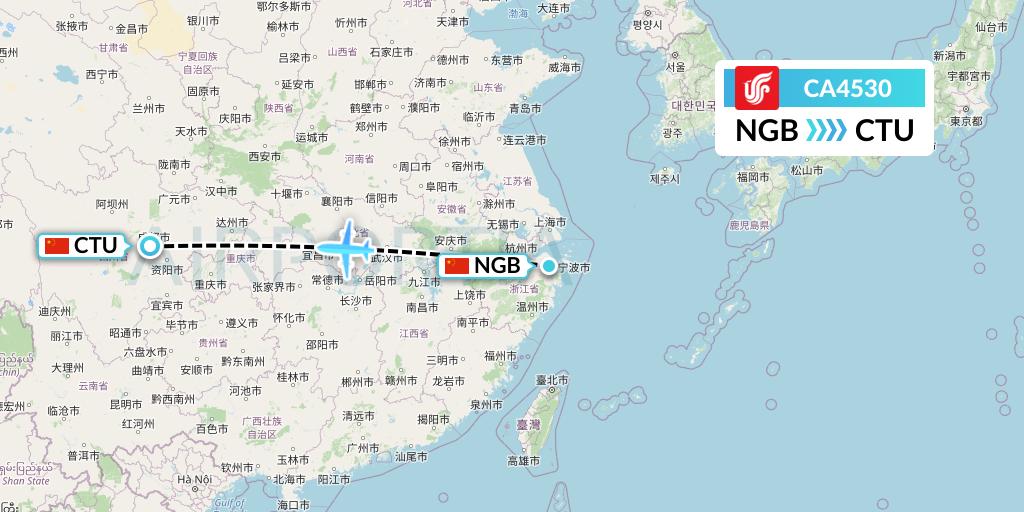 CA4530 Air China Flight Map: Ningbo to Chengdu