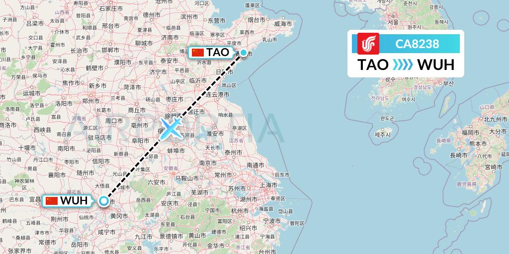 CA8238 Air China Flight Map: Qingdao to Wuhan