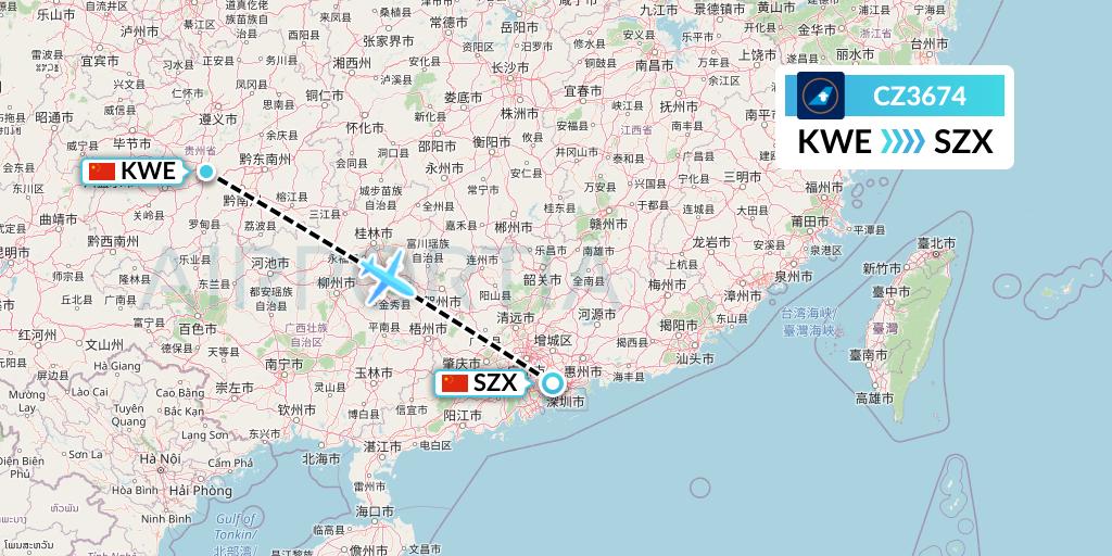 CZ3674 China Southern Airlines Flight Map: Guiyang to Shenzhen