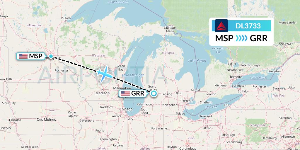 DL3733 Delta Air Lines Flight Map: Minneapolis to Grand Rapids
