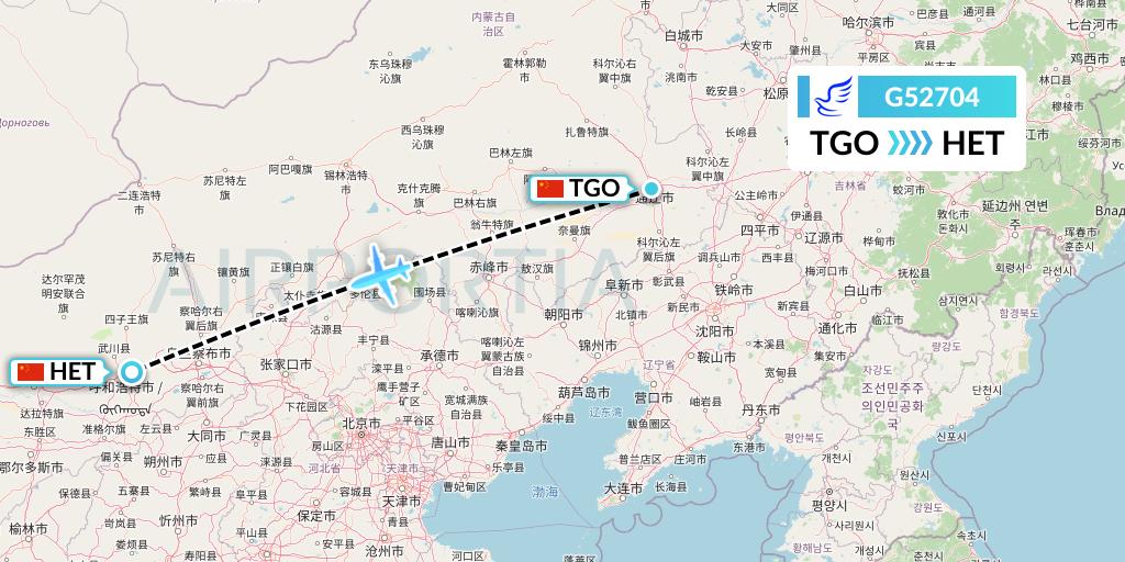 G52704 China Express Airlines Flight Map: Tongliao to Hohhot