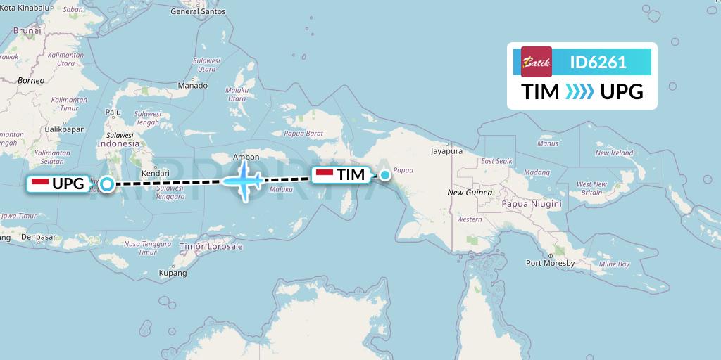 ID6261 Batik Air Flight Map: Timika to Makassar
