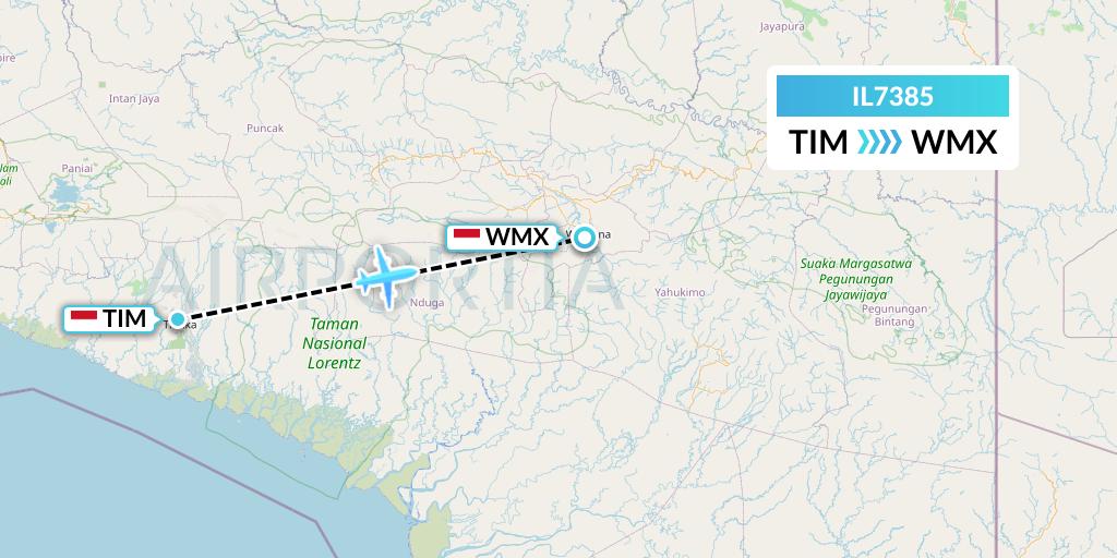 IL7385 Trigana Air Service Flight Map: Timika to Wamena