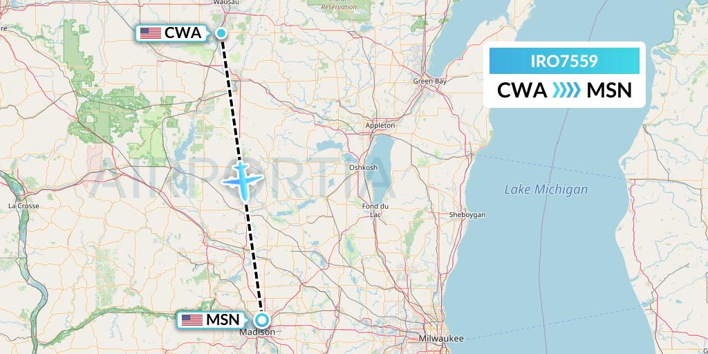 IRO7559 CSA Air Flight Map: Wausau to Madison
