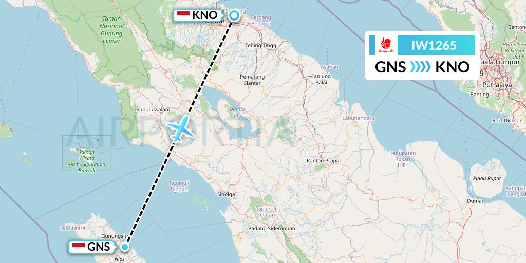 IW1265 Wings Air Flight Map: Gunung Sitoli to Medan