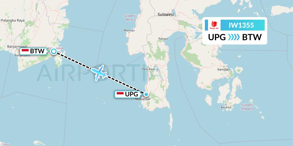 IW1355 Wings Air Flight Map: Makassar to Batu Licin-Borneo Island