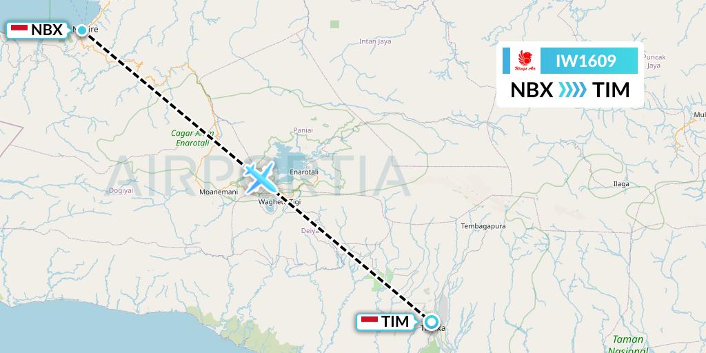 IW1609 Wings Air Flight Map: Nabire-Papua Island to Timika