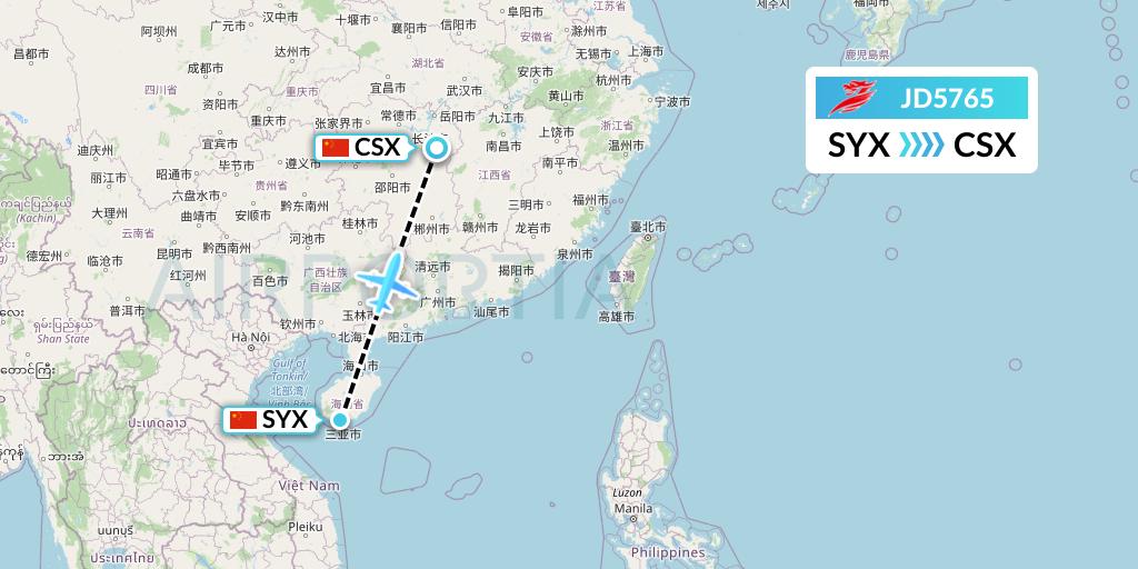 JD5765 Capital Airlines Flight Map: Sanya to Changsha