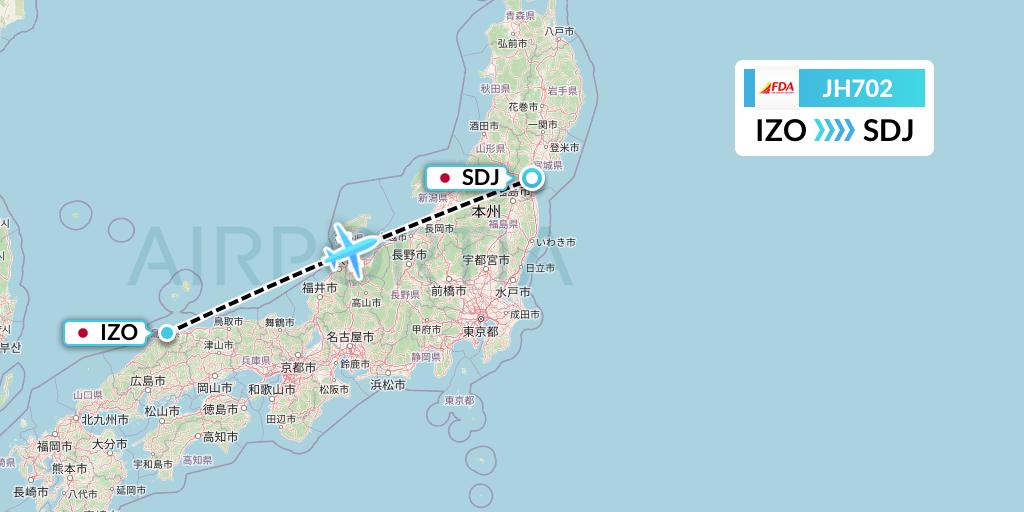 JH702 Fuji Dream Airlines Flight Map: Izumo to Sendai