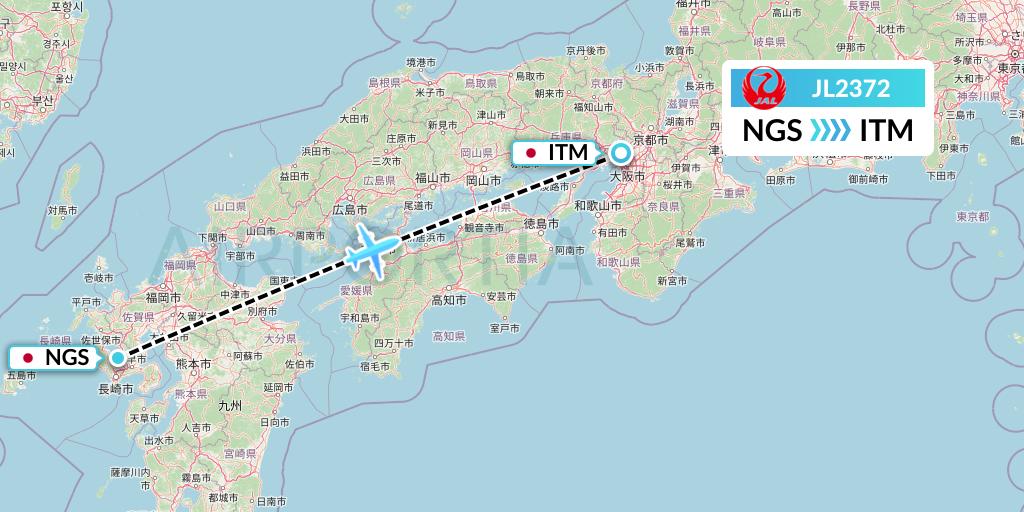 JL2372 Japan Airlines Flight Map: Nagasaki to Osaka