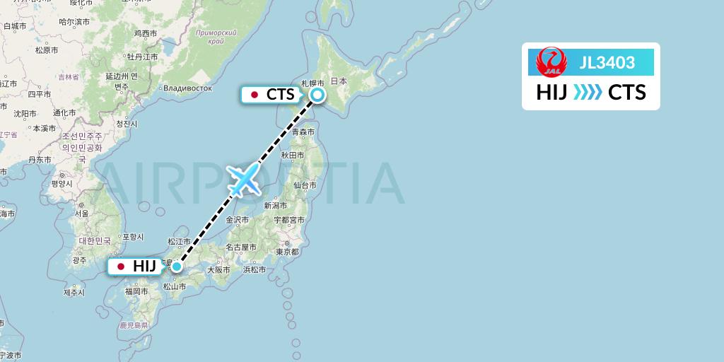 JL3403 Japan Airlines Flight Map: Hiroshima to Sapporo
