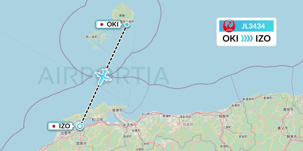 JL3434 Japan Airlines Flight Map: Okinoshima to Izumo