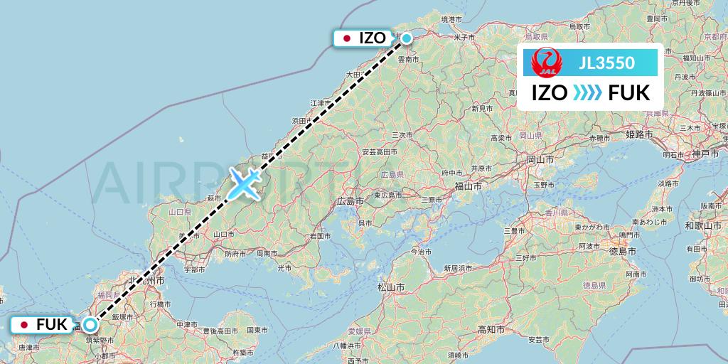 JL3550 Japan Airlines Flight Map: Izumo to Fukuoka