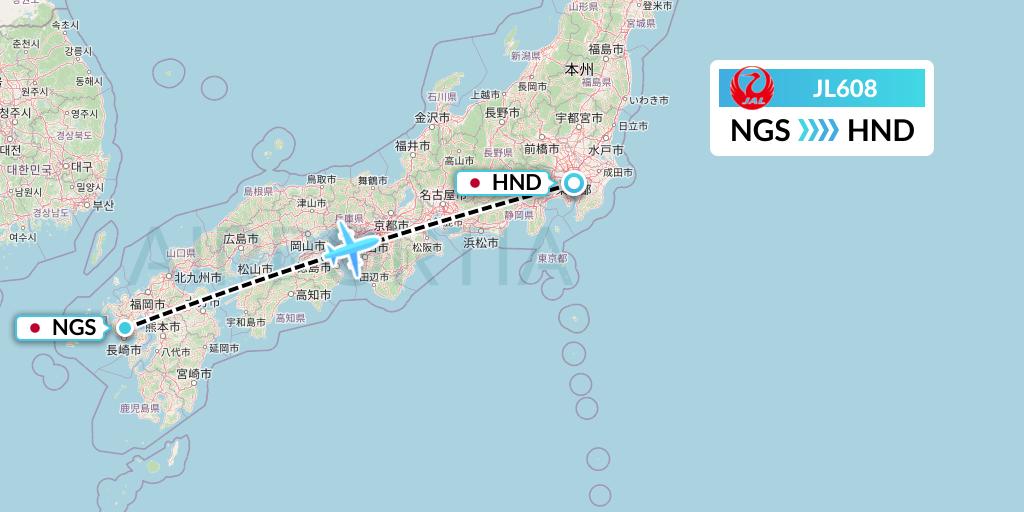 JL608 Japan Airlines Flight Map: Nagasaki to Tokyo