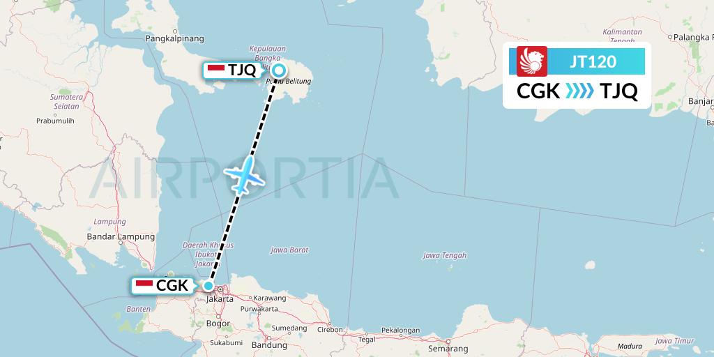 JT120 Lion Airlines Flight Map: Jakarta to Tanjung Pandan