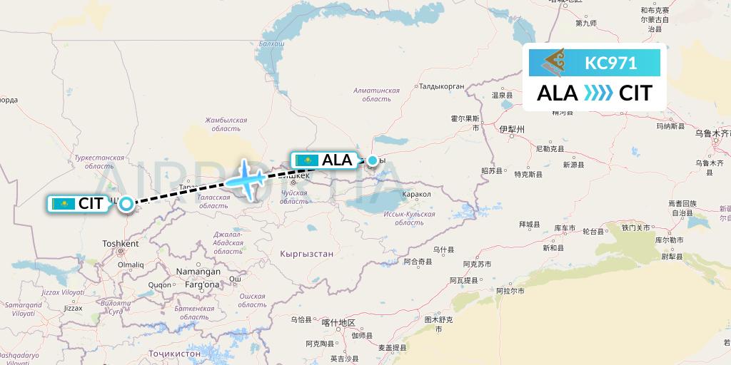 KC971 Air Astana Flight Map: Almaty to Shymkent