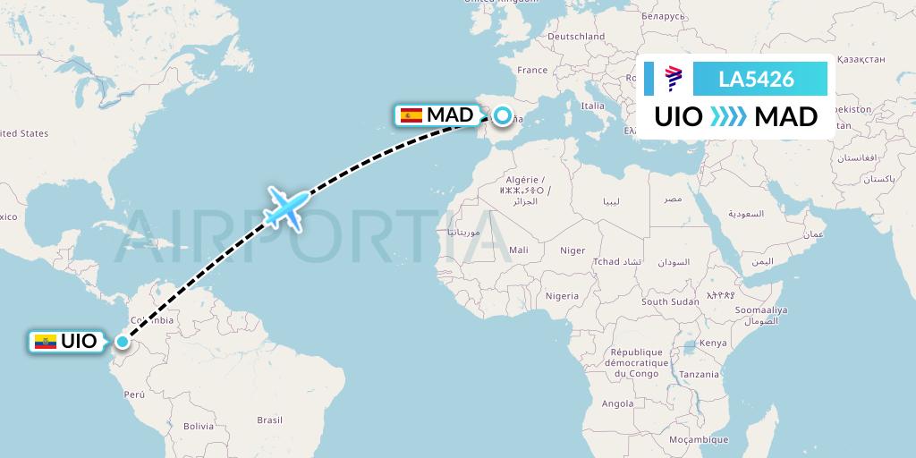 LA5426 LAN Airlines Flight Map: Quito to Madrid