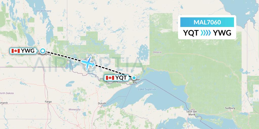 MAL7060 Morningstar Air Express Flight Map: Thunder Bay to Winnipeg
