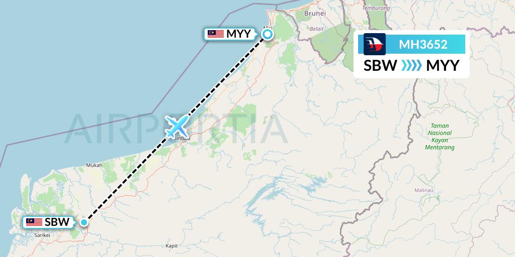 MH3652 Malaysia Airlines Flight Map: Sibu to Miri