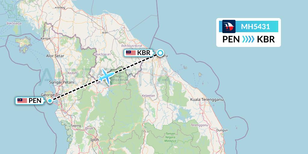 MH5431 Malaysia Airlines Flight Map: Penang to Kota Bharu